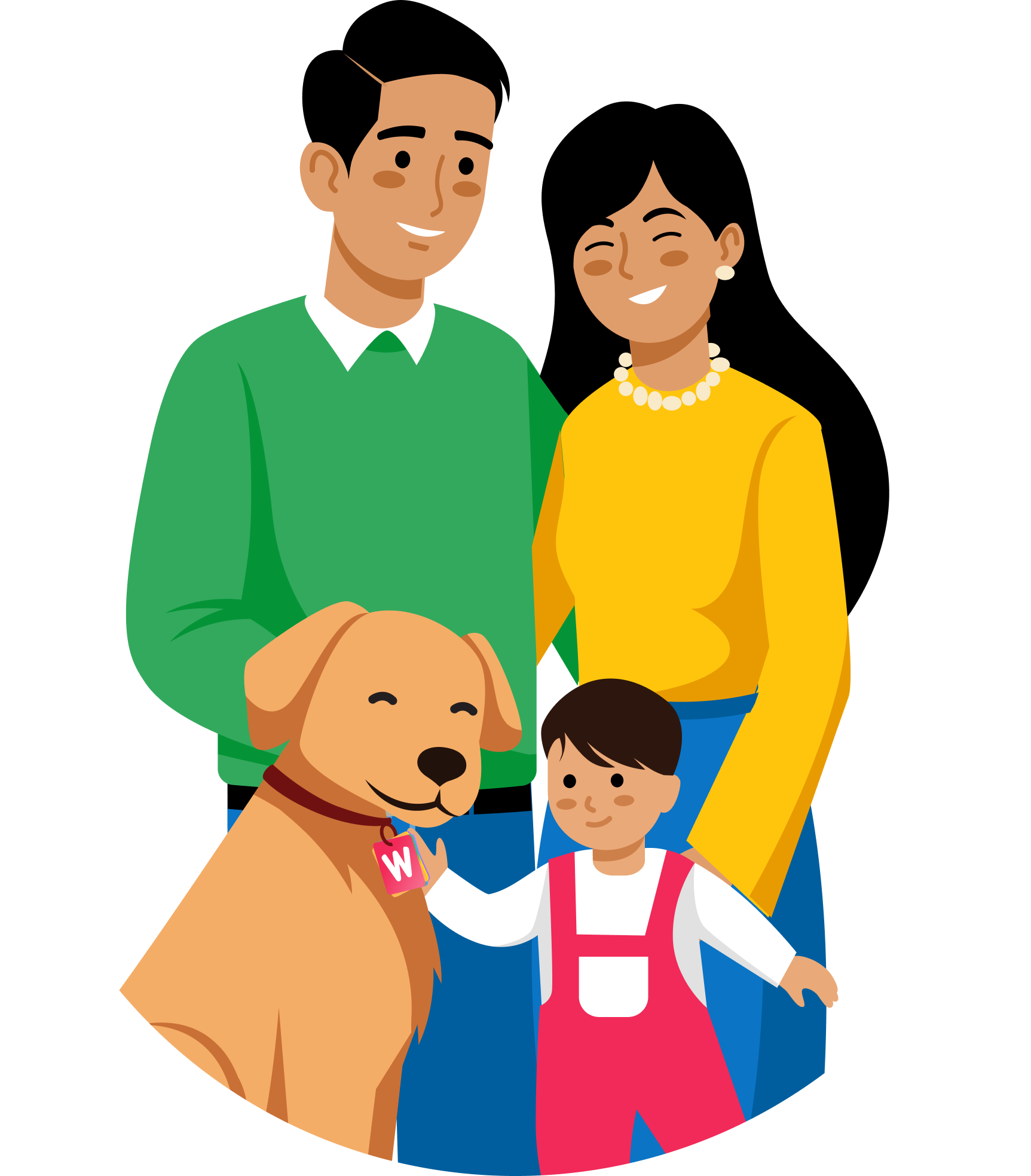 Illustration of company founders with young child and pet dog — family-oriented business representation.